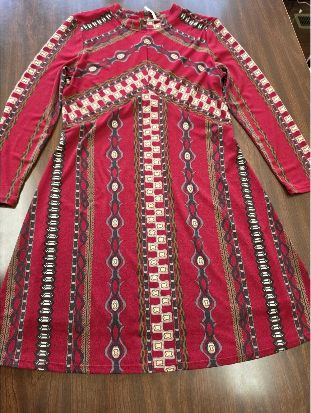 Free People M Mock Neck Long Sleeve Swing Dress Boho Geometric Print Red Black